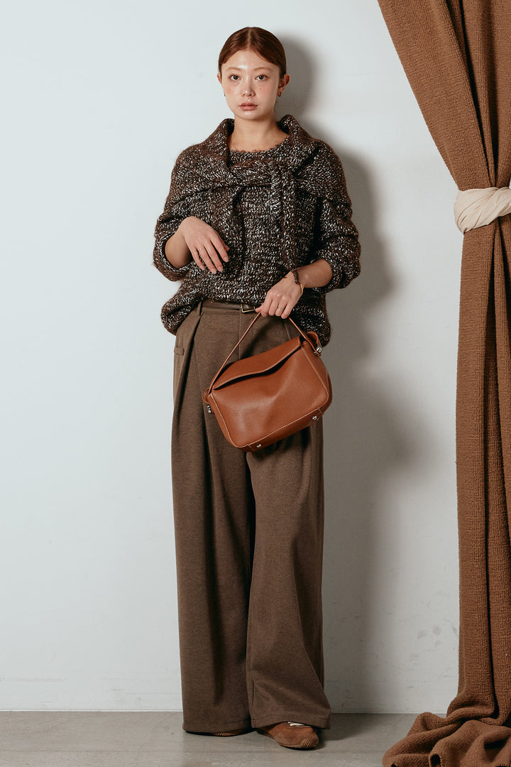 [SET]スカーフ付きミックスニットトップス+細ベルト付き起毛タックワイドパンツ(2set)