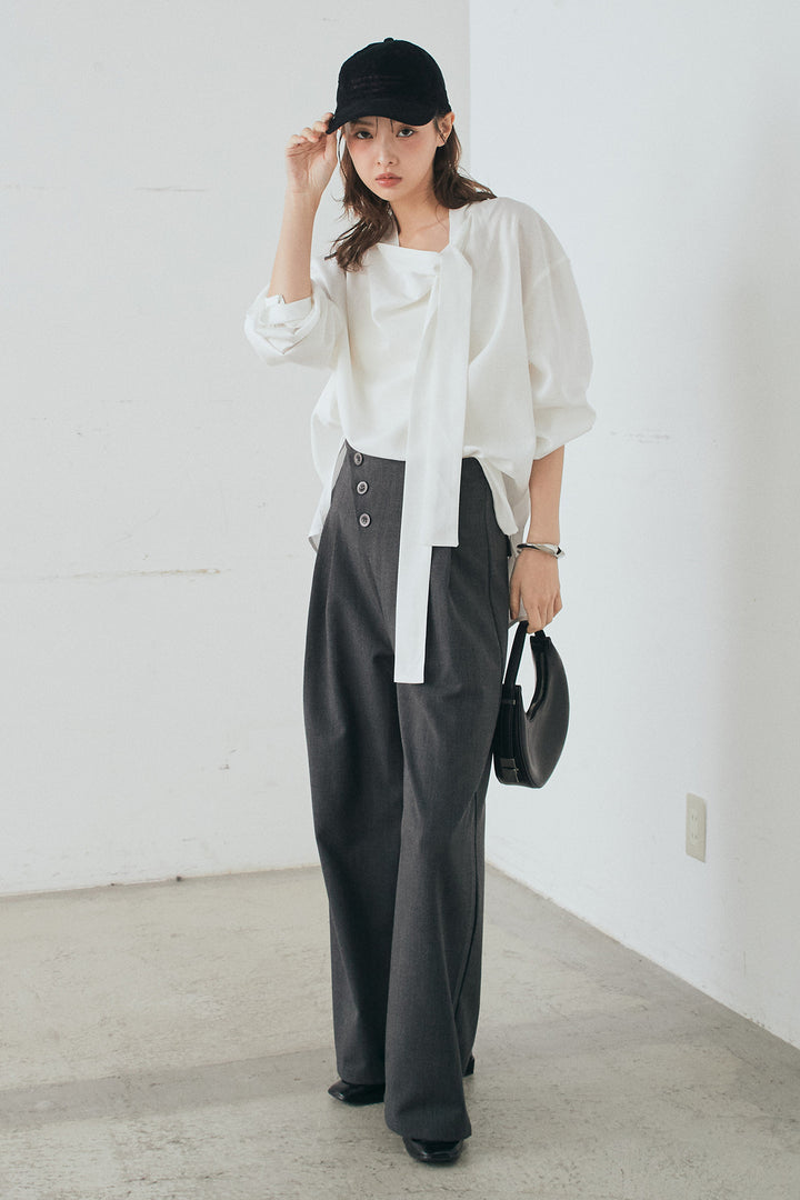 [SET]ニュアンスボータイブラウス+斜めボタンタック入りスラックス(2set)