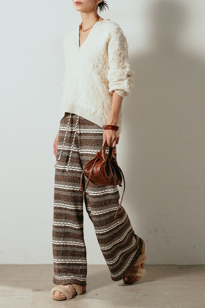 [SET]襟付きシャギーニットポロトップス+マルチライン柄リラックスニットパンツ(2set)