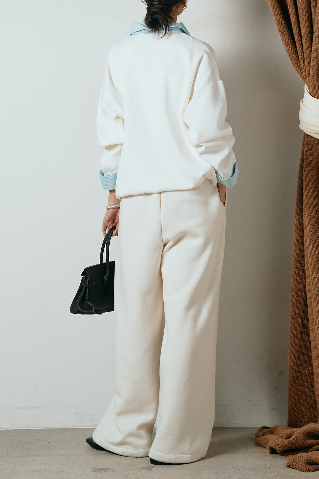 [SET]ストライプシャツドッキングポロトップス+裏起毛スウェットワイドパンツ(2set)