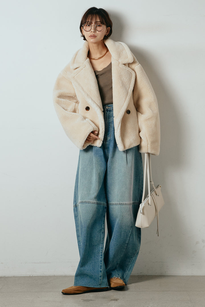 【2月中旬発送】
[SET]テディボアショートジャケット+加工デニムタックコクーンワイドパンツ(2set)