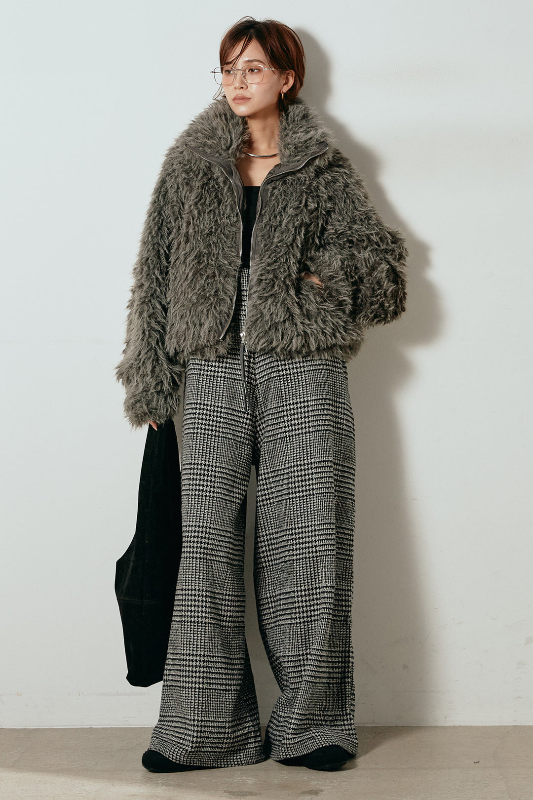 [SET]ミックスシープファースタンドブルゾン+前後2wayグレンチェック柄スカーチョサロペット(2set)