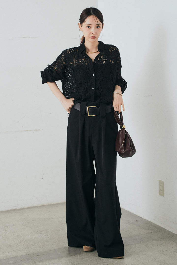 [SET]レース裾スカラップシャツ+ベルトループデザインハイウエストタックパンツ(2set)