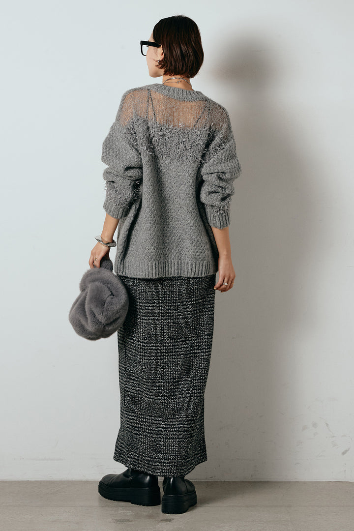 [SET]パターンランダム編みニットトップス+グレンチェック柄フロントジップタイトスカート(2set)