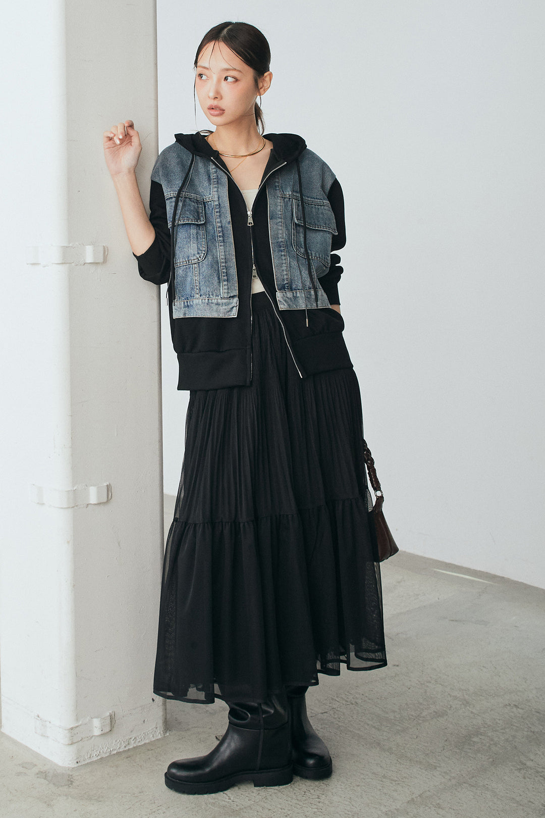 [SET]デニム切替ポンチダブルジップパーカー+ボリュームシルエットチュールスカート(2set)