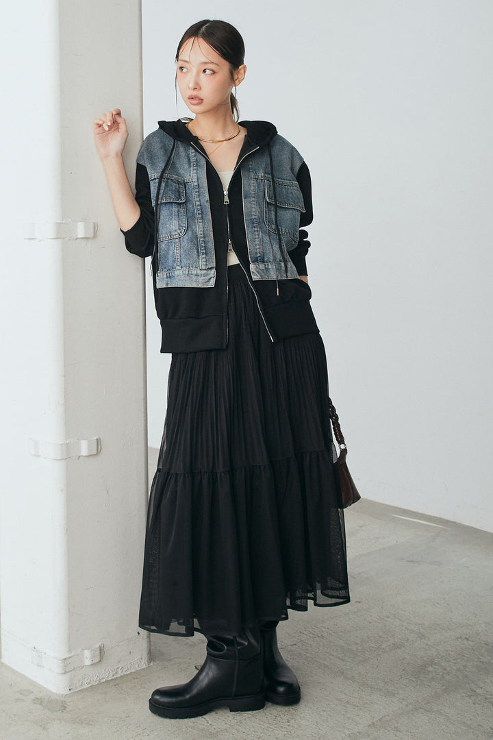 [SET]デニム切替ポンチダブルジップパーカー+ボリュームシルエットチュールスカート(2set)