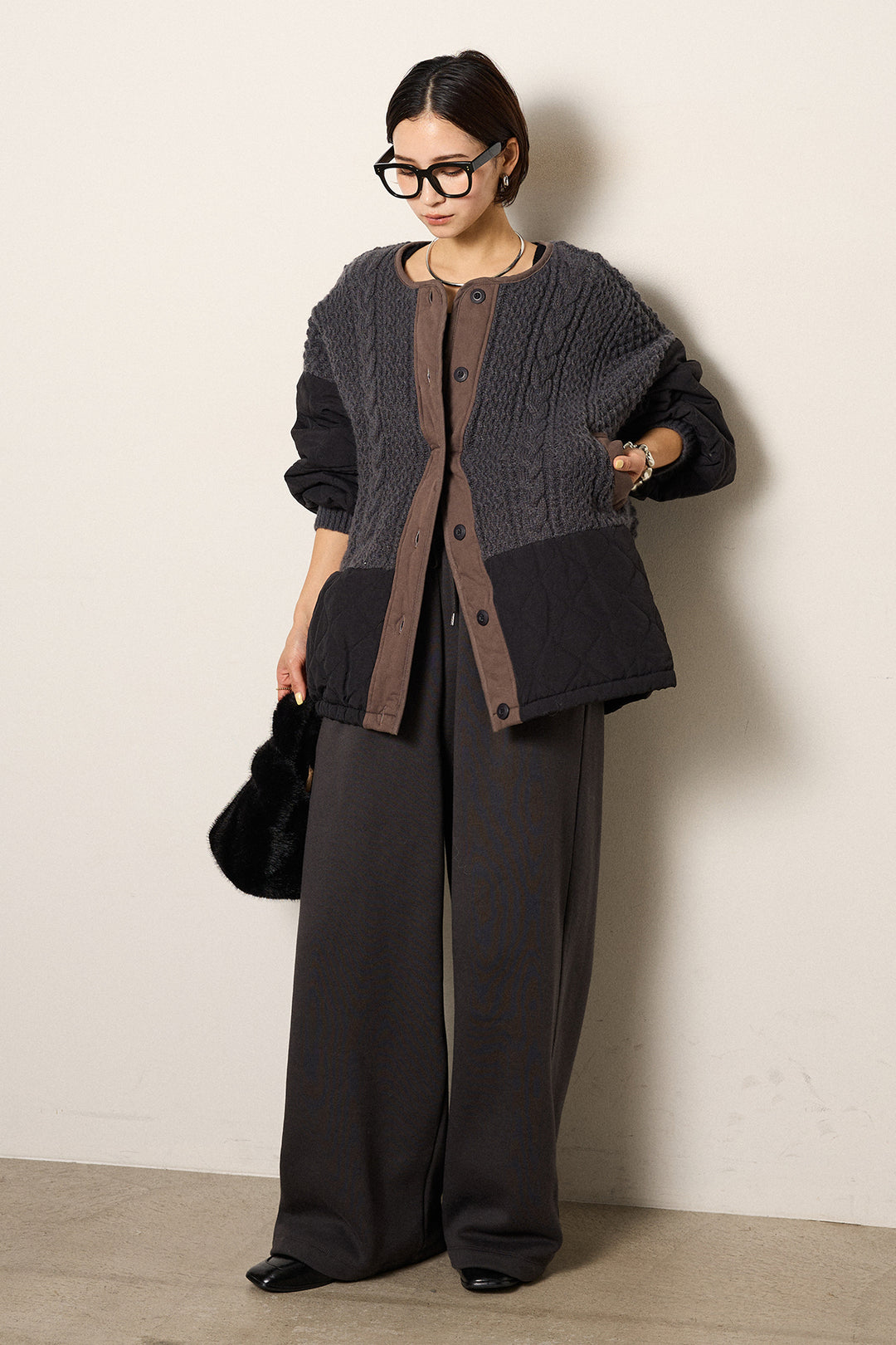[SET]アラン編みニットノーカラー裾キルティングブルゾン+裏起毛スウェットワイドパンツ(2set)