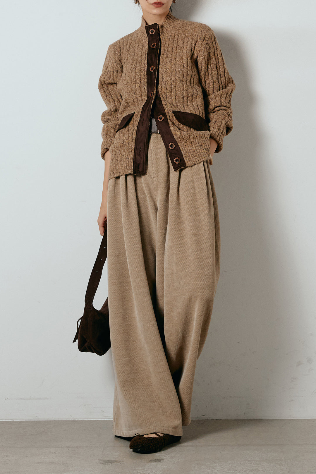 [SET]ボトルネックケーブルニットカーディガン+ベルトループコーデュロイワイドパンツ(2set)