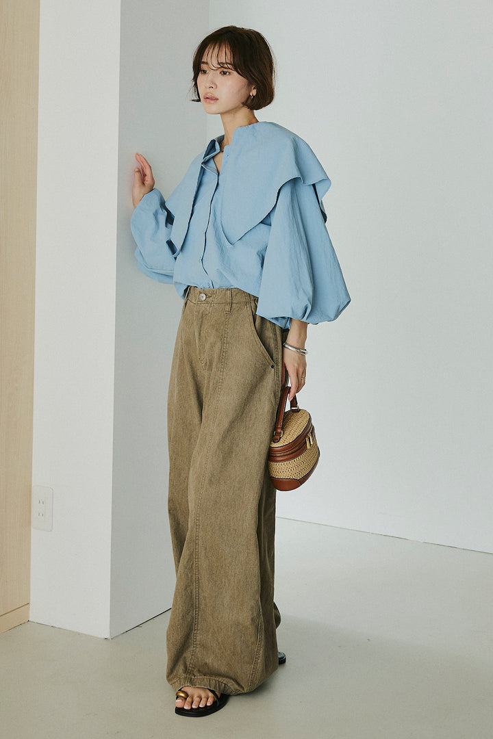 [SET]ケープカラーナイロンブラウス+サイドベルトカーブワイドパンツ(2set)