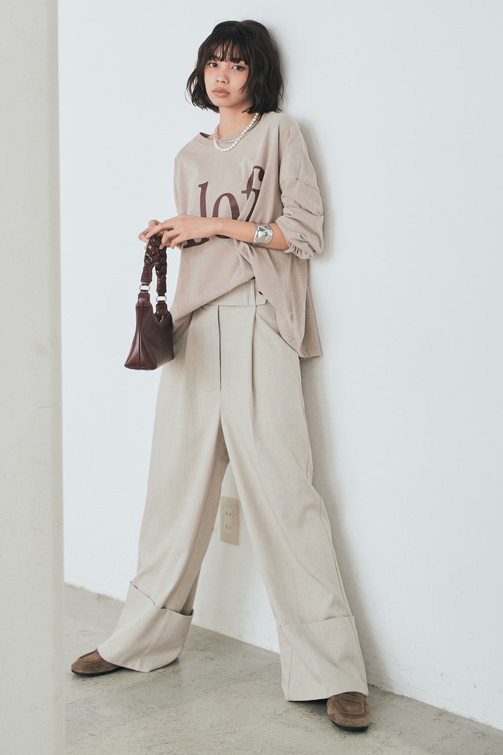[SET]裾センタードロストロゴプリントワイドTシャツ+センタープレスセミワイドパンツ(2set)