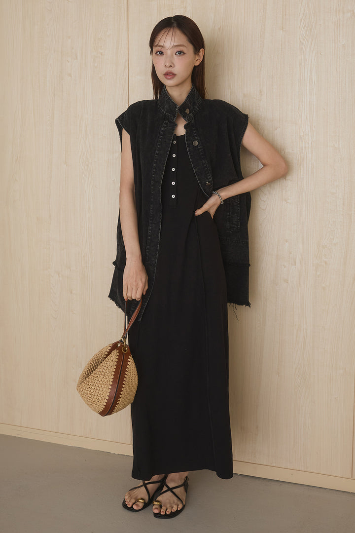 [SET]ケミカルデニムヘムカットオフジレ+ノースリロングワンピース(2set)