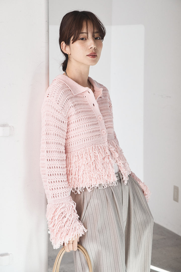 [SET]メッシュフリンジカーディガン+ヘリンボーンストライプツータックパンツ(2set)