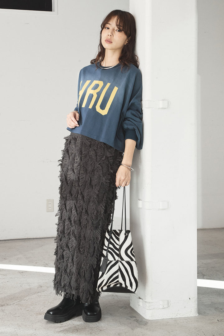 [SET]ビッグロゴHRU袖ボリュームトップス+カットフリンジニットタイトスカート(2set)