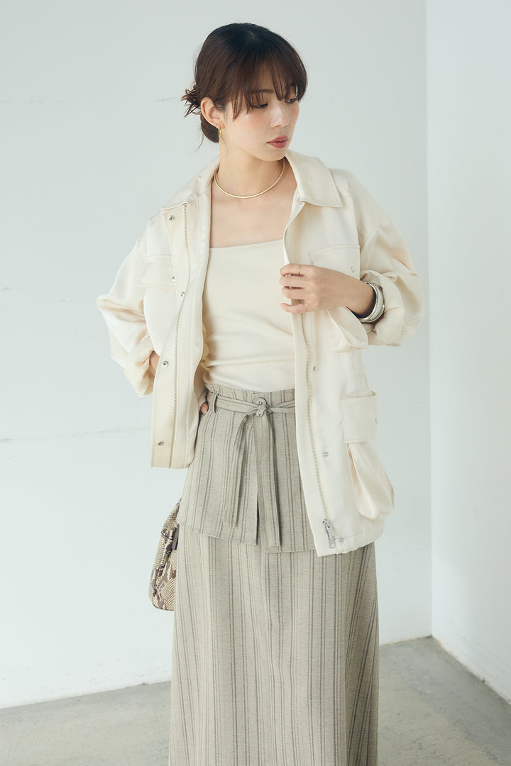 [SET]サテンライトブルゾン+ラップ巻きピンストライプワイドスカート(2set)