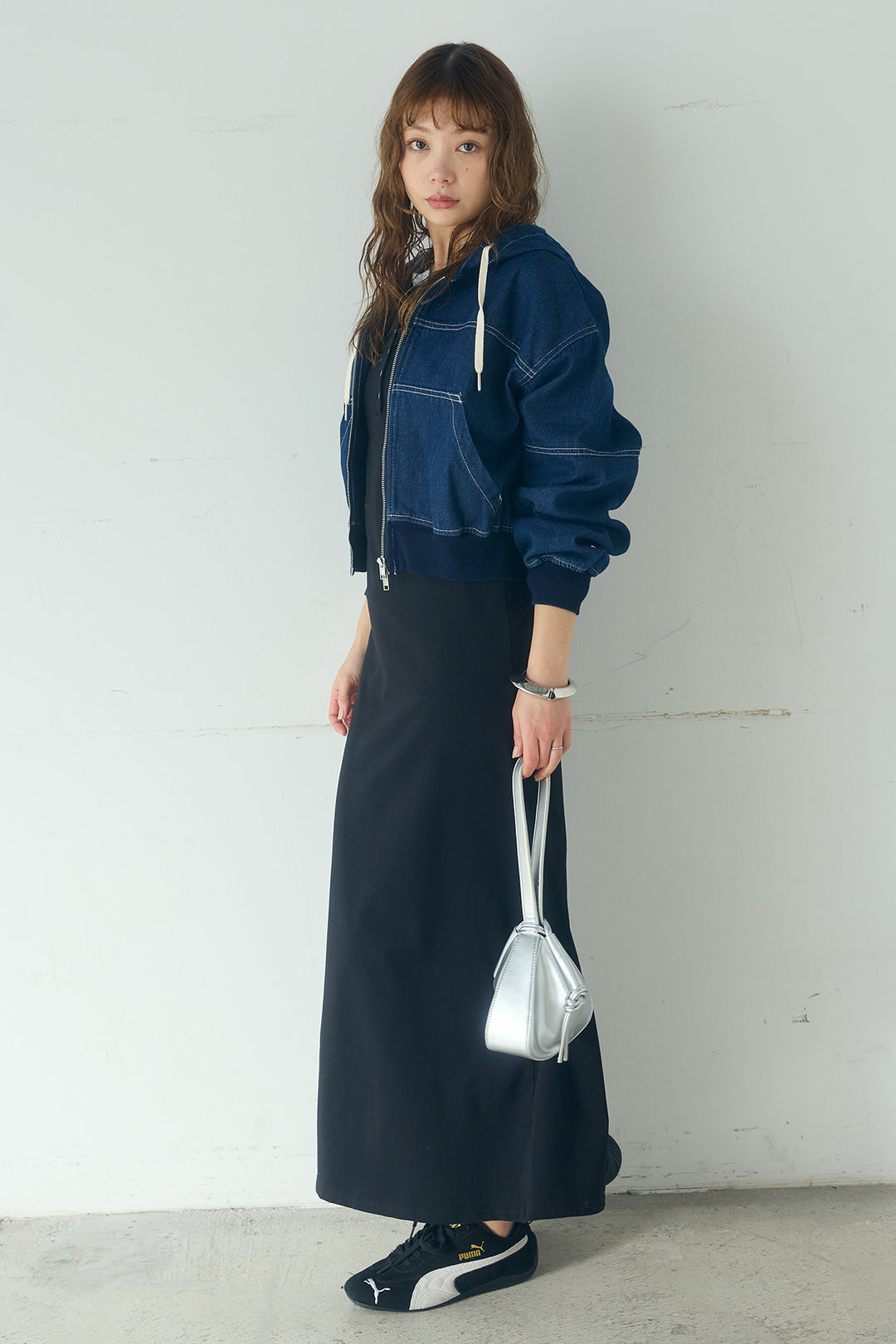 [SET]デニムダブルジップパーカーブルゾン+レイヤード見えヘンリーネックロングワンピース(2set)