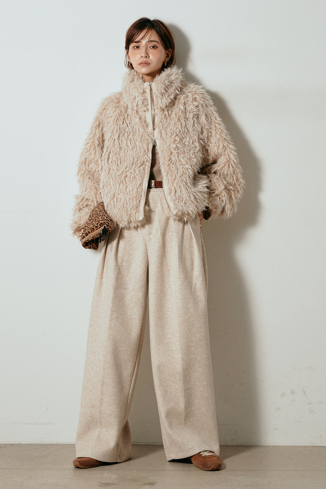 [SET]ミックスシープファースタンドブルゾン+フェイクウールタックトラウザーズパンツ(2set)