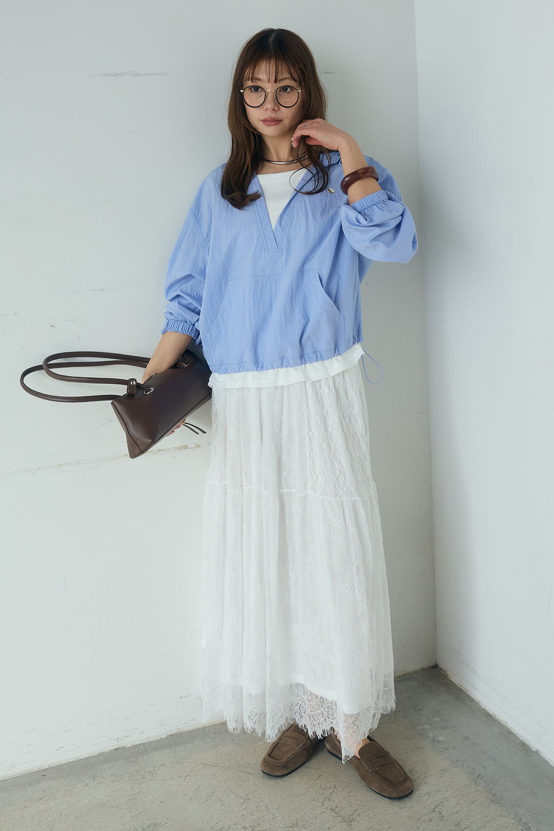 [SET]レイヤードデザインフーディートップス+ひげレース切替ロング丈スカート(2set)