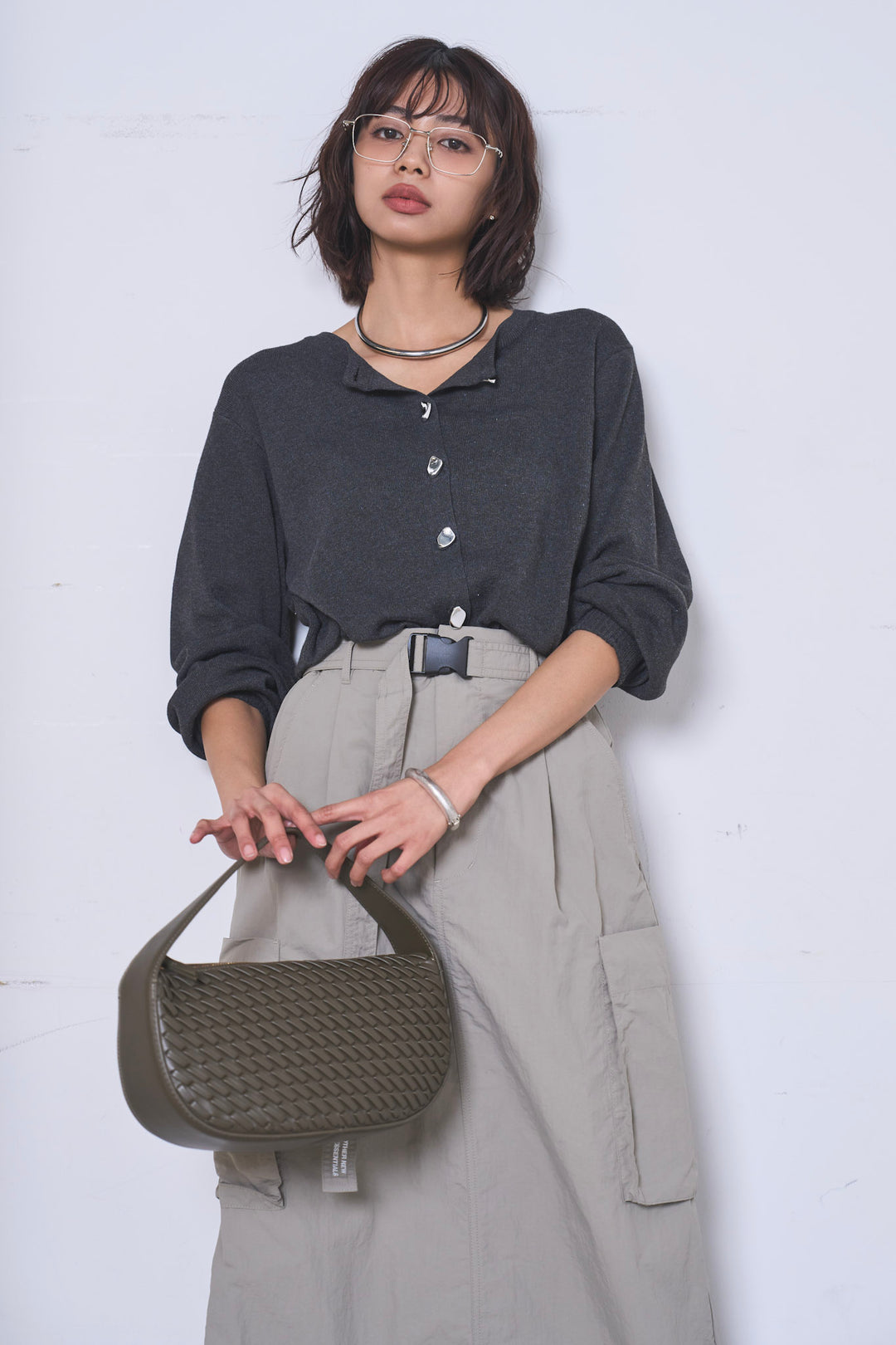 [SET]リサイクルポリニュアンス釦カーデ+撥水加工ナイロンスカート(2set)