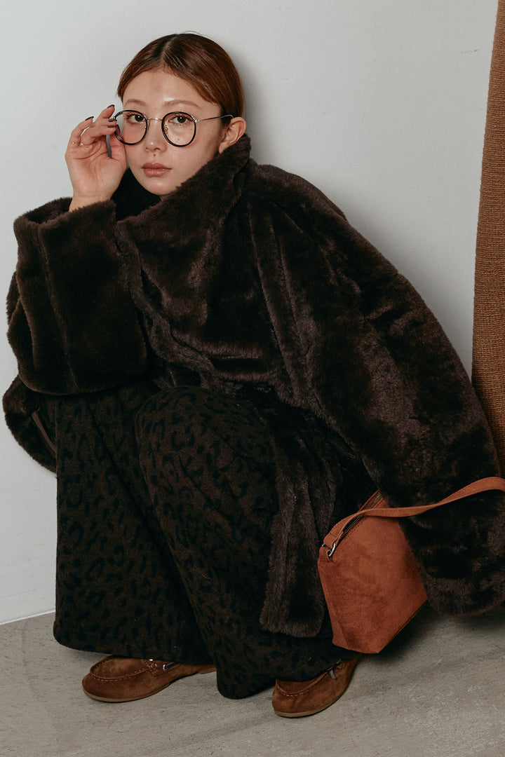 [SET]スタンドネックファーコート+レオパードジャガードニットパンツ(2set)