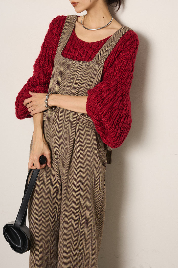 [SET]チャンキースラブニットクロップドプルオーバー+クラシックヘリンボーンサロペット(2set)