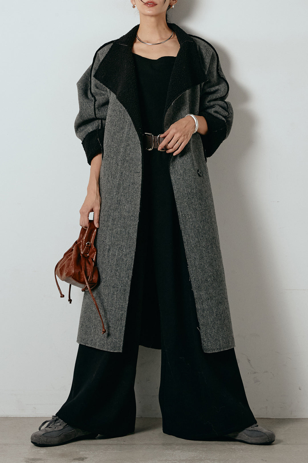 [SET]裏地ボアハイネックロングアウター+フェイクレザー太ベルト付きタックワイドパンツ(2set)