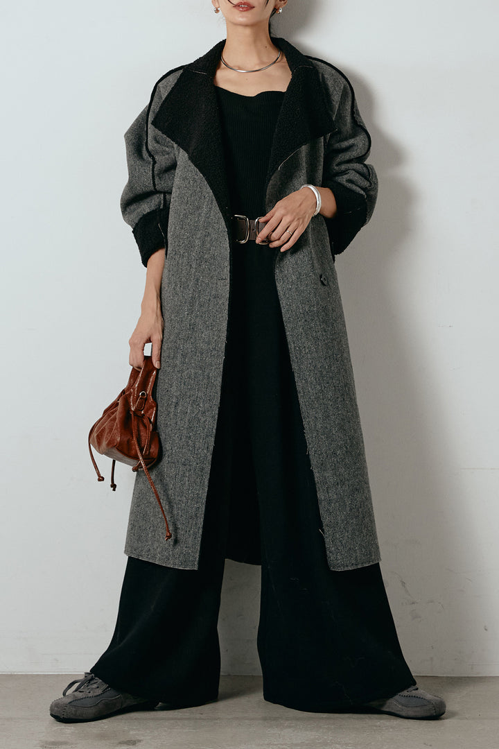 [SET]裏地ボアハイネックロングアウター+フェイクレザー太ベルト付きタックワイドパンツ(2set)