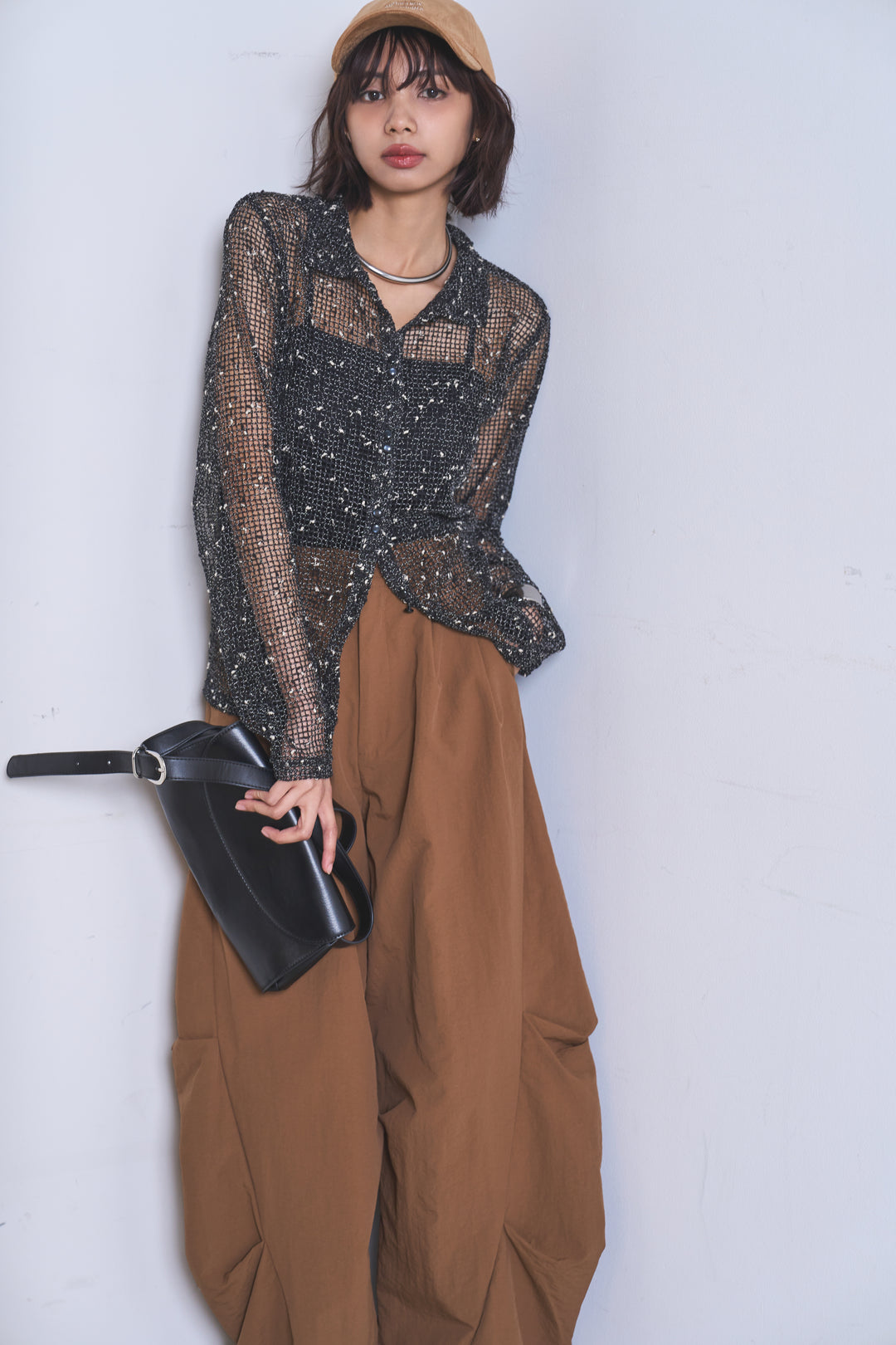 [SET]ネップメッシュポロ襟カーディガン+ドライタフタタックバレルパンツ(2set)