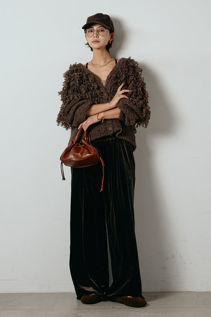 [SET]ループ編みVネックニットカーディガン+ベロアサスペンダー付きパンツ(2set)