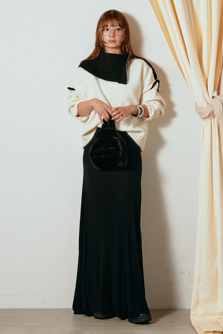 [SET]ハイネックジップデザインニットトップス+サイド切り替えリブニットロングスカート(2set)