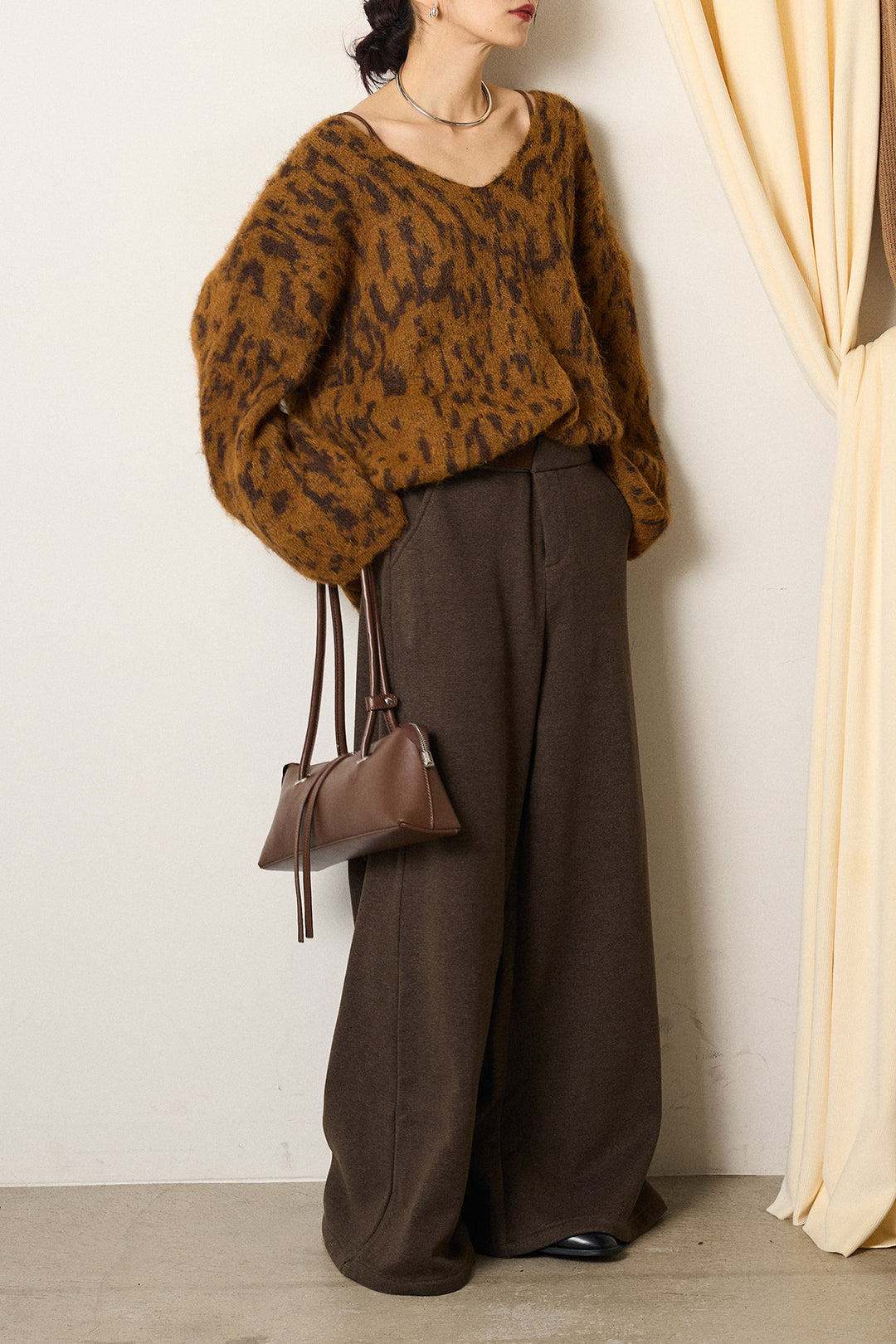 [SET]フラッフィーレオパードシャギーニット+サイドベルトパンツ(2set)