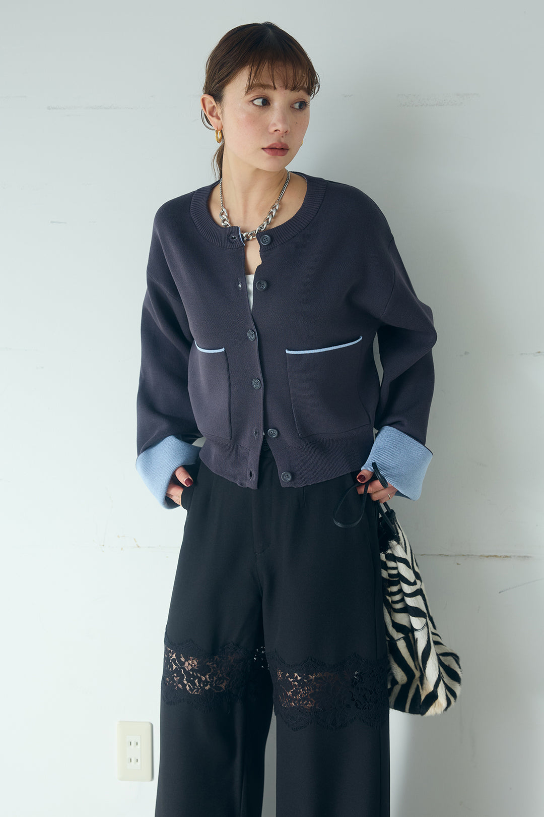 [SET]レーヨンポリダブルフェイスカーディガン+レース刺繍切替ワイドパンツ(2set)