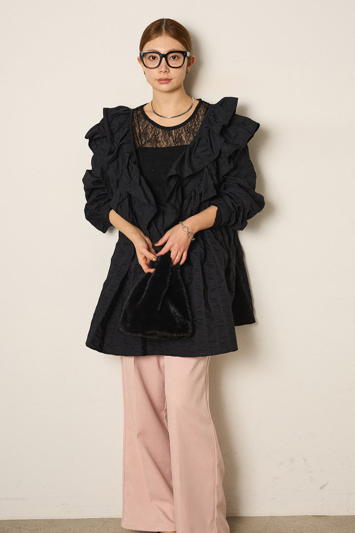 [SET]Vネックフリルカラーブラウス+ストレッチレースクルーネックインナー(2set)