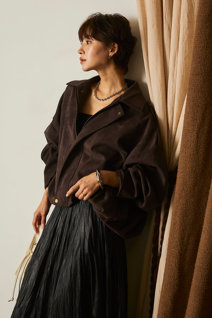 [SET]バルーンシルエットフェイクスエードブルゾン+ワッシャーサテンスカート(2set)