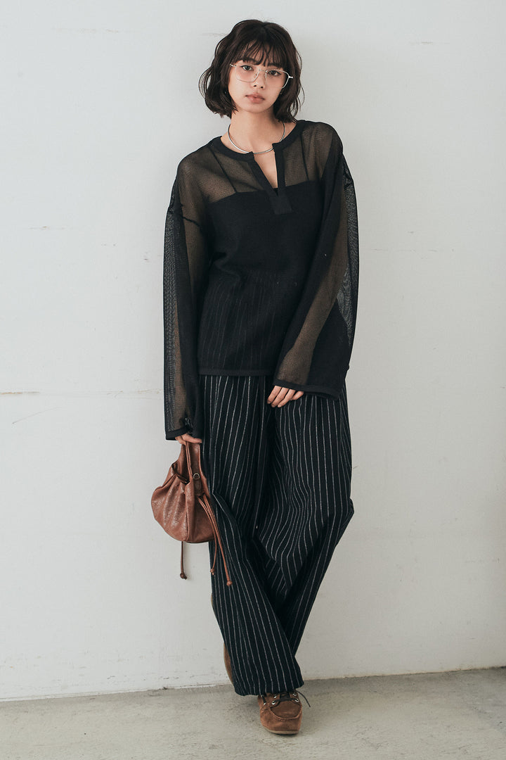 [SET]メッシュカットソースキッパープルオーバー+リネンライクストライプタックイージーパンツ(2set)