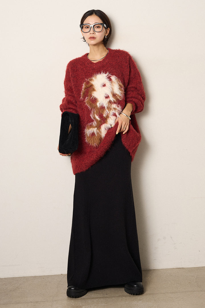 [SET]シャギーニュアンスアニマルニット+リブナローニットスカート(2set)