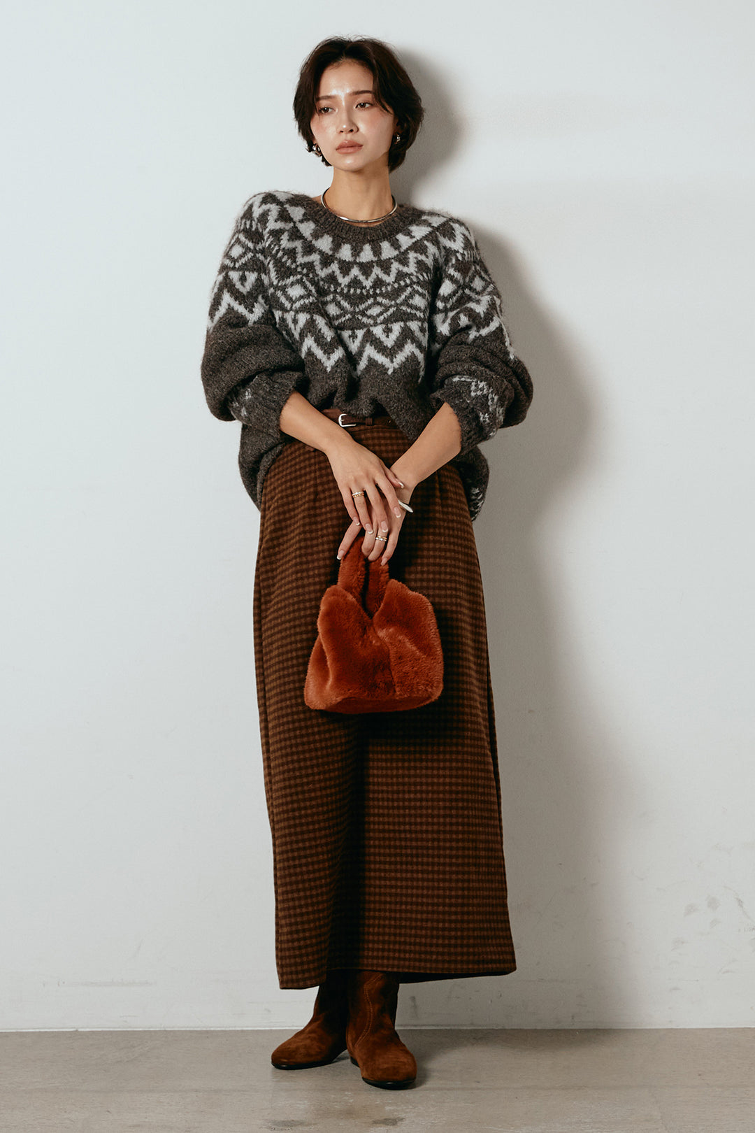 [SET]ノルディック柄Uネックプルオーバー+スエード調ベルト付きチェックナロースカート(2set)