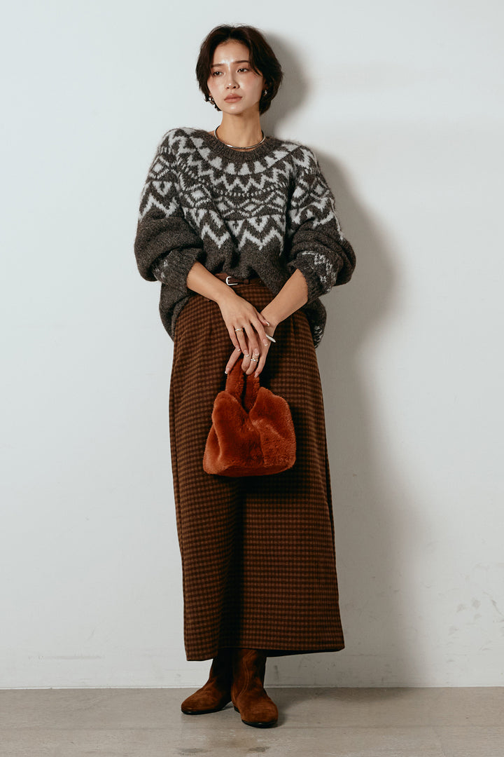 [SET]ノルディック柄Uネックプルオーバー+スエード調ベルト付きチェックナロースカート(2set)