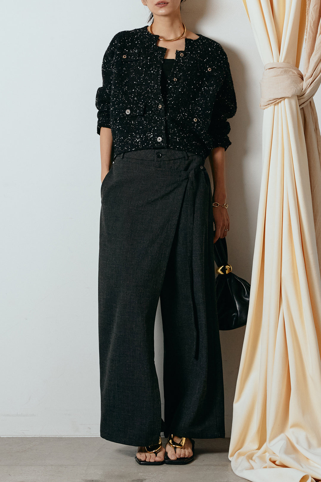 [SET]ネップニットカーディガン+ラップ巻きワイドスラックス(2set)