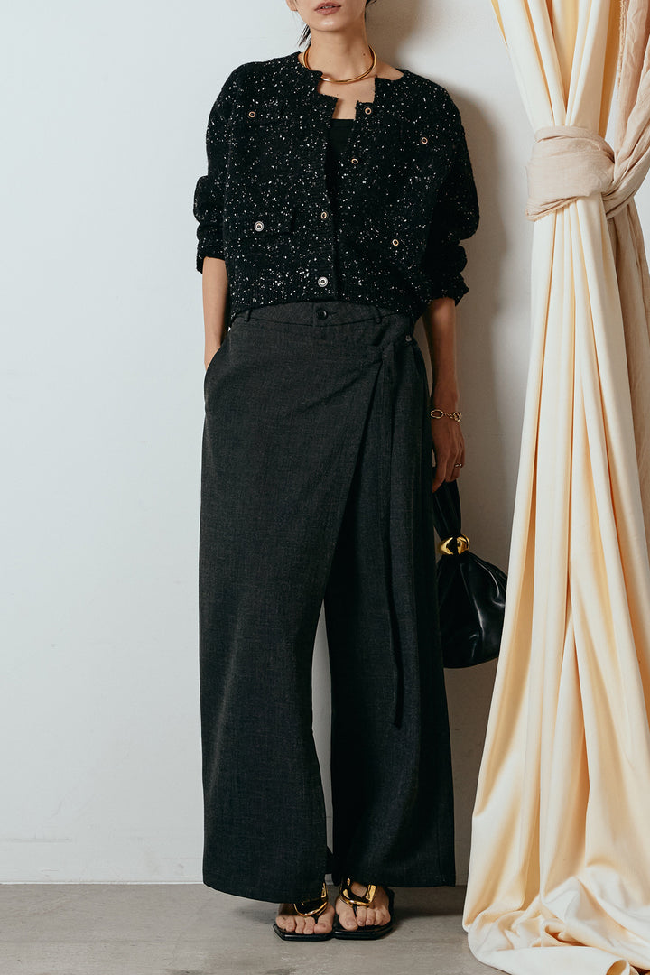 [SET]ネップニットカーディガン+ラップ巻きワイドスラックス(2set)