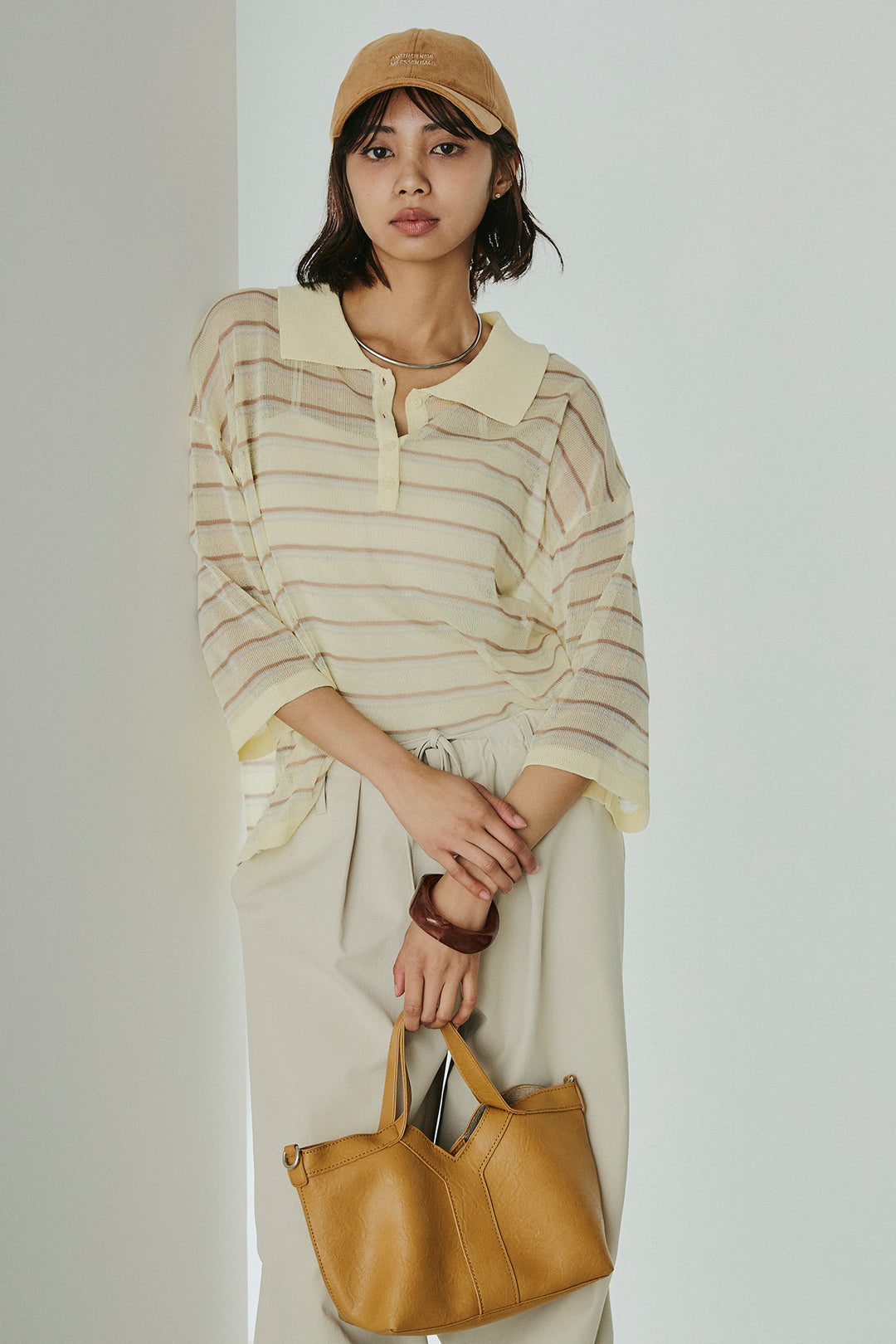 [SET]ボーダーニットポロシャツ+ニーサイドタックウエストドロスパンツ(2set)