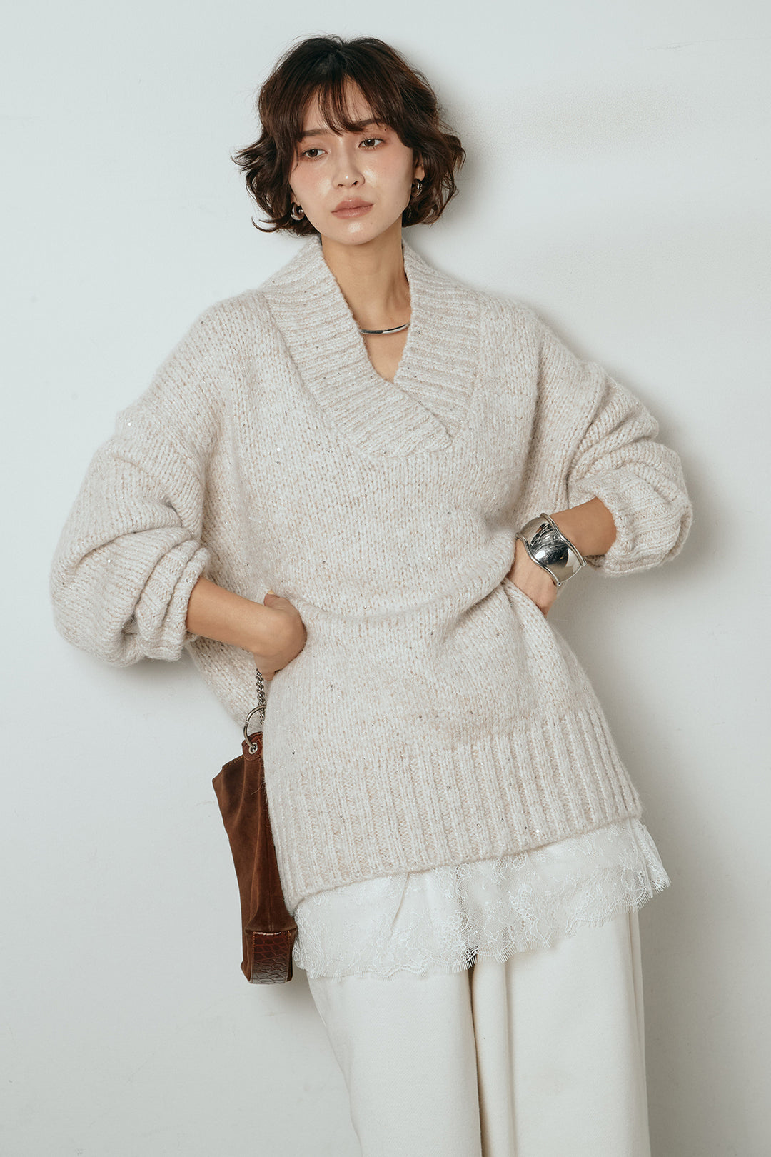 [SET]Vネックラメニットトップス+裏起毛スウェットワイドパンツ(2set)