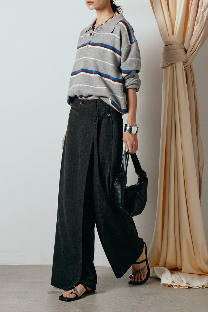 [SET]襟付きマルチボーダーニットポロトップス+ラップ巻きワイドスラックス(2set)