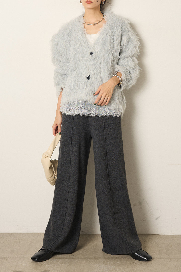 [SET]起毛シャギーニットカーディガン+センターラインニットパンツ+レース切り替えキャミソール(3set)