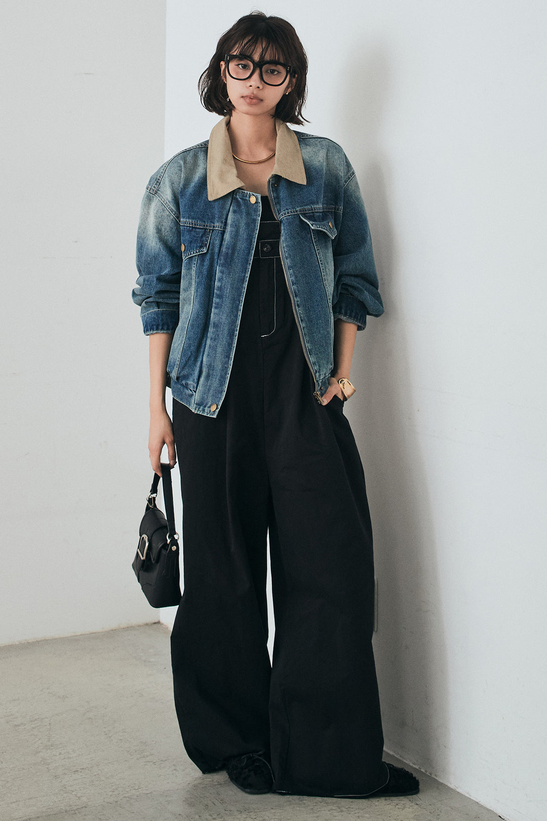 [SET]襟切り替えジップデニムジャケット+綿ツイルアシメサロペット(2set)