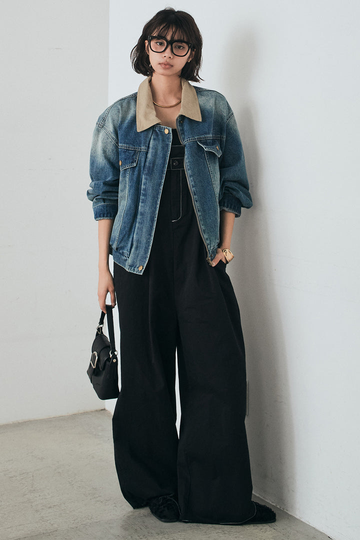 [SET]襟切り替えジップデニムジャケット+綿ツイルアシメサロペット(2set)