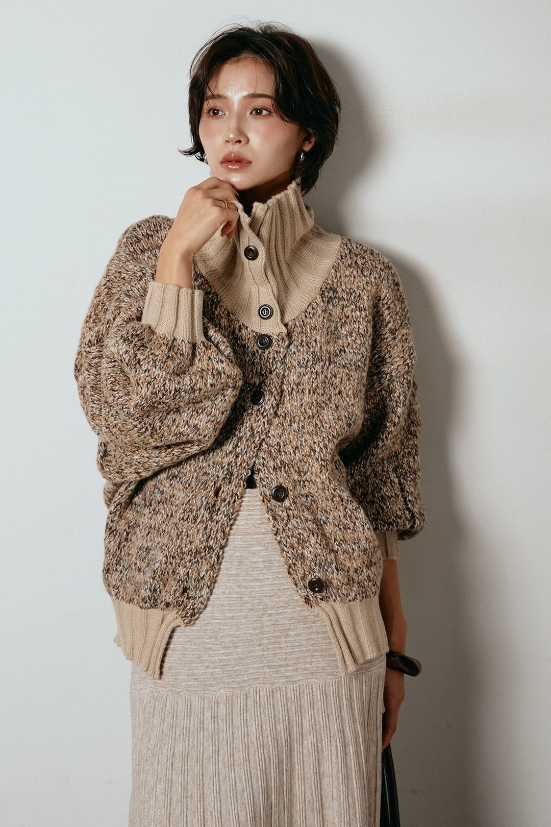 [SET]ハイネックミックスニットカーディガン+編み地切り替えフレアニットスカート(2set)