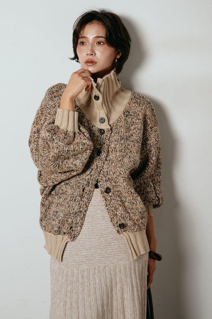 [SET]ハイネックミックスニットカーディガン+編み地切り替えフレアニットスカート(2set)