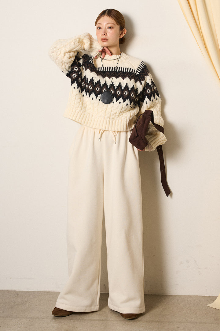 [SET]2WAY求心柄ジャガードショートカーディガン+裏起毛スウェットワイドパンツ+2WAY袖コード刺繍クルーネックプルオーバー(3set)