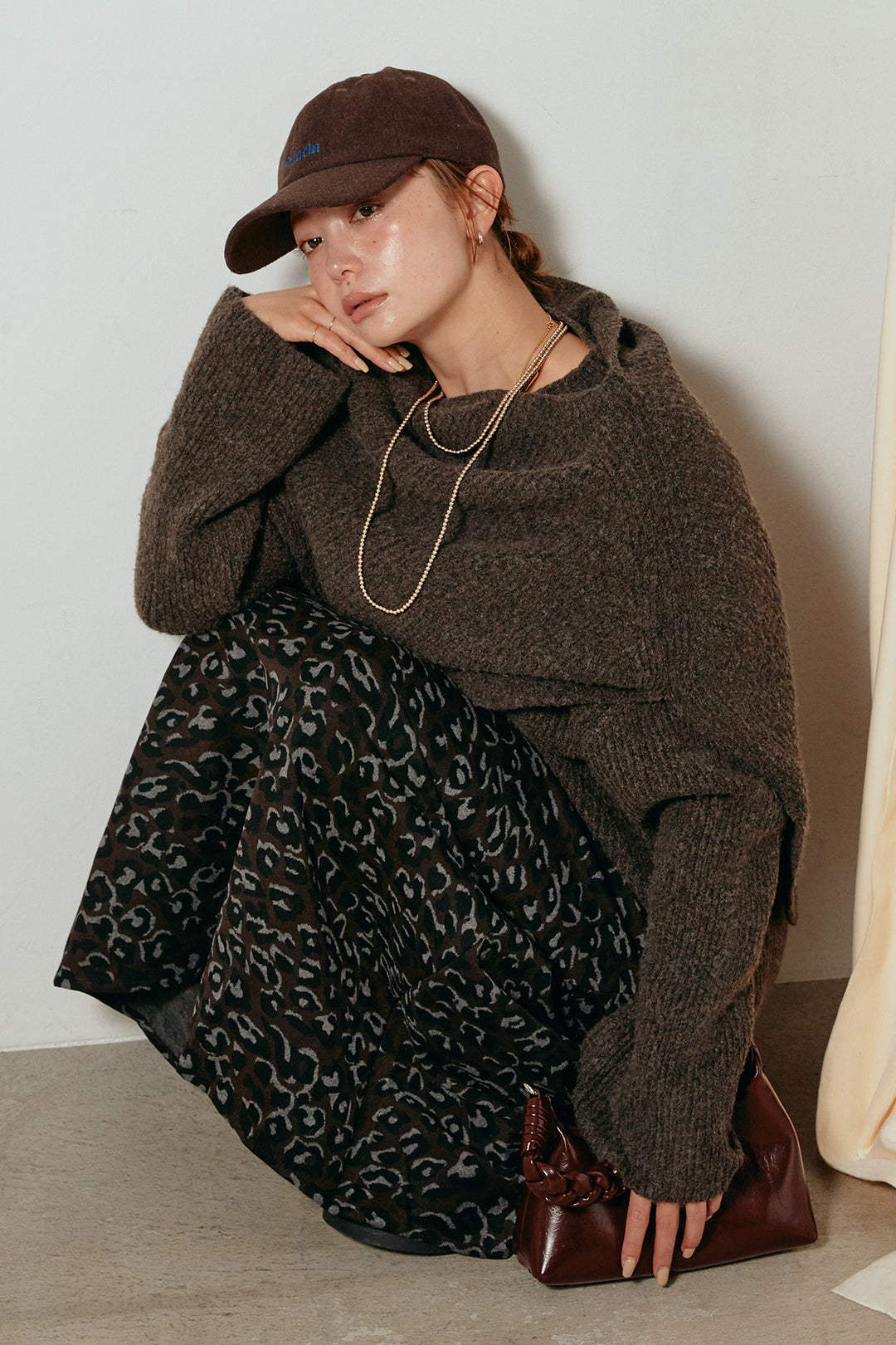 [SET]ケープデザインリブニットトップス+レオパードロングスカート(2set)