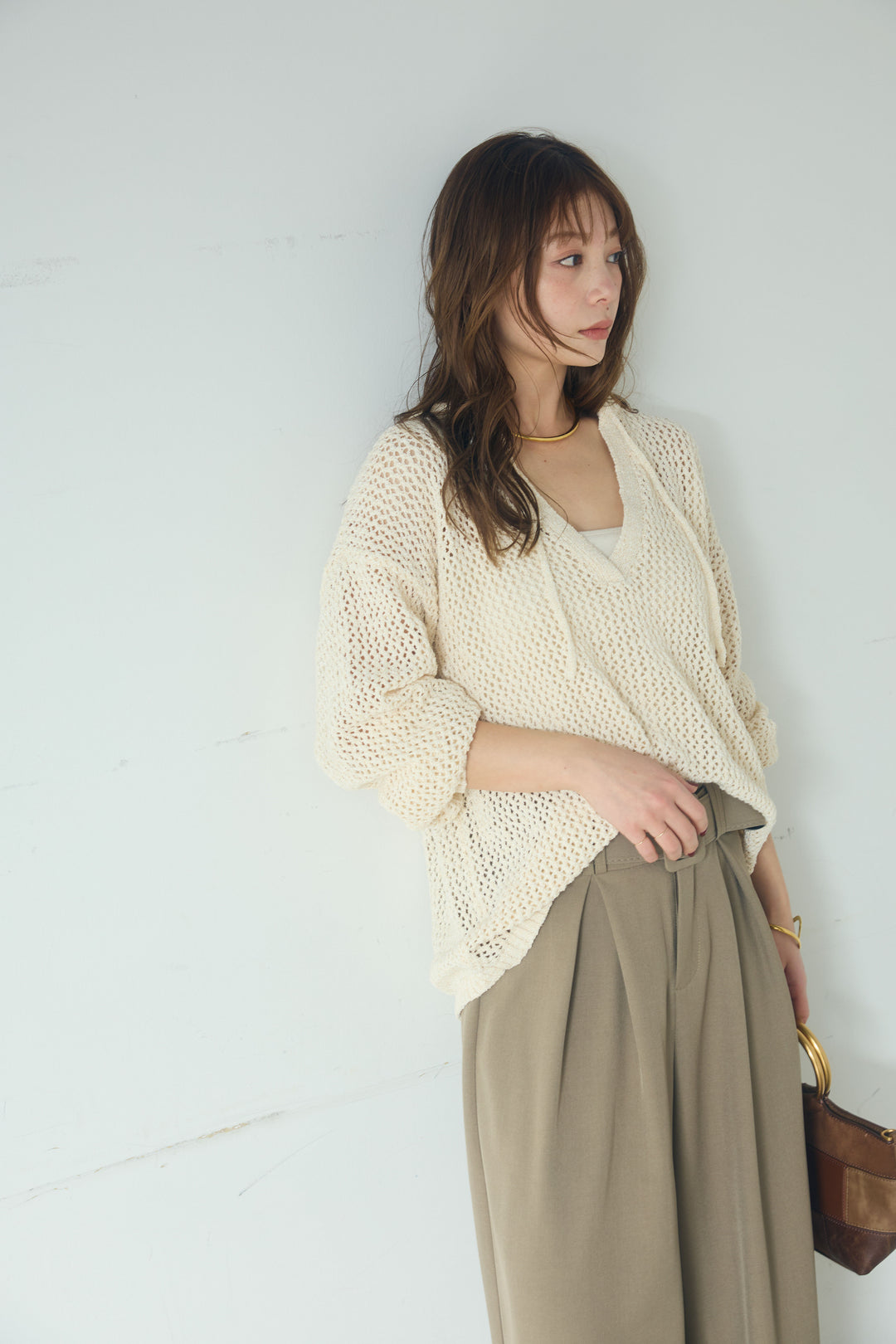 【即納】ミックスメッシュキーネックプルオーバー